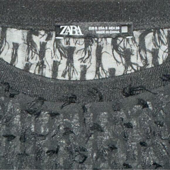 Zara Black Fringe Balloon Sleeve Top Size Small - Picture 5 of 12